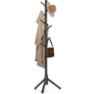 Solid Wooden Coat Rack Freestanding, New Zealand Pine Coat Tree with 8 Hooks & 3 Adjustable Sizes for Coats, Hats, Handbags and Scarves, Space Saving for Entryway/Office/Bedroom (Black) (1 PC)