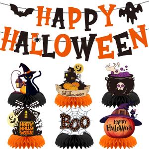 Halloween Decorations Honeycomb Table Centerpieces & Banner Set – 7PCS Black Cat, Haunted House, Pumpkin, Witch Hat & Cauldron Halloween Party Supplies for Home, Office, Classroom
