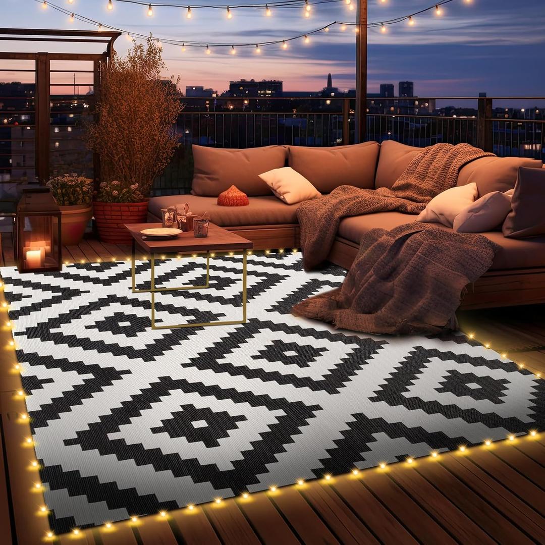 Tinideya Luminous Outdoor Rug Carpet, Glowing Waterproof Plastic Mat Glow in The Night Reversible Straw Lightweight Carpet Rug for Backyard Balcony Picnic Beach Trailer(Classic,9 x 12 ft)