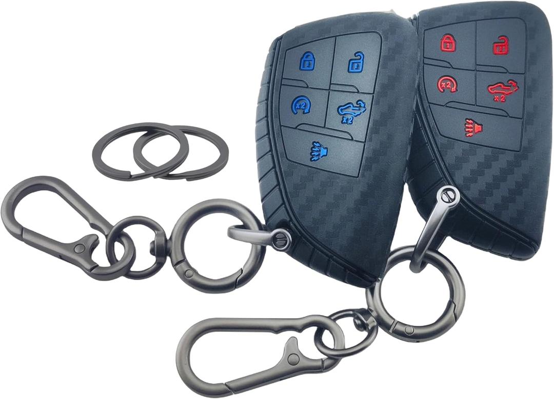2Pcs Silicone Smart Remote Key Fob for 2022 2023 2024 2025 Chevy Chevrolet Silverado 1500 GMC Sierra 1500 2500HD 3500HD Key Fob Cover 5 Buttons (Black with Red/Blue)