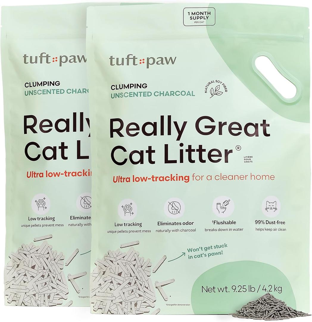 Tuft + Paw Really Great Cat Litter, Low Tracking Tofu Cat Litter, Clumping, Flushable, Odor Control, Dust-Free, Unscented - 9.25lbs x 2Bags