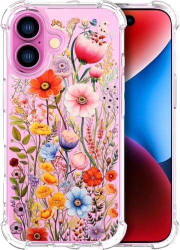 ENDIY Cases Compatible with iPhone 16 Plus Case for Women Cute Phone Case Clear Design, 16 Plus Case Cool Kawaii Protective,Anemone Lily Leaves Flowers Florals Pink Red Spring