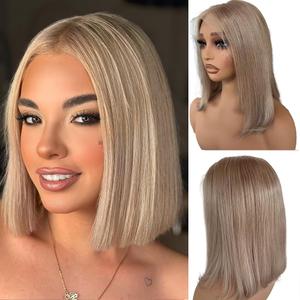Belaved Ash Blonde Bob Wig Human Hair Upgrade 13x6 HD Lace Front Free Part Short Wigs Real Human Hair Short Straight with Baby Hair Natural Hairline 180% Density Beginner Friendly 14 Inch (Pink)