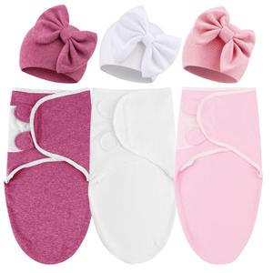 DRESHOW BQUBO 3 Pack Newborn Baby Swaddle Blanket with Hats Infant Adjustable Swaddling Wraps with Bear Ears Cap for 6-12 Lbs Newborns & 0-3 Months Girls Boys (3 Sets: Blankets + Bow Hats(white, Pink, Wine))