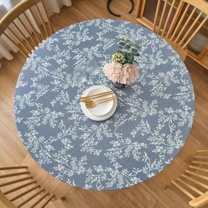 LIBERECOO Round Fitted Tablecloth with Elastic, Flannel Backed Vinyl Tablecloths for 40" - 44" Tables, Waterproof Wipeable Reusable Plastic Table Cloth for Indoor & Outdoor, Light Wash Denim