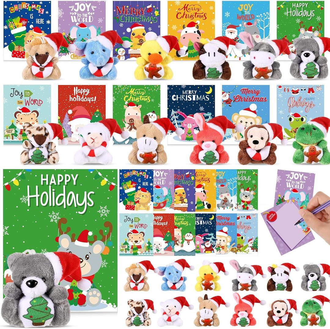 24 Set Christmas Mini Plush Bulk with Xmas Cards Small Christmas Stuffed Animals Bulk Tiny Soft Plush Keychain for Xmas Holiday Party Favors Goodie Bag Filler Gifts Exchage