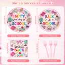 96 Pcs Back to School Bow Decorations, Pink Bow Plates Napkins Forks for 24 Guests, Party Tableware Supplies Set for First Day of School Classroom Party Event