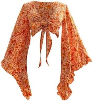 BEAUDRM Women's Y2K 70s Western Tops Tie Front Boho Tops Long Bell Sleeve Country Concert Outfits Cowgirl Hippie Disco Outfit, S, Orange