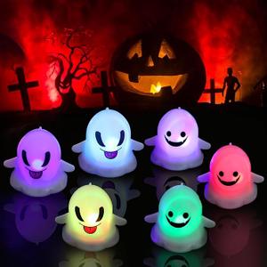 FOIMAS 6 PCS Ghost Tea Lights Candles,Halloween Flameless Candles Halloween Ghost Tealights Spooky Flickering Fake Candles for Halloween Party Decorations