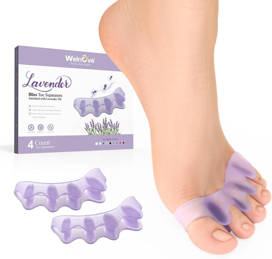 Welnove Toe Separators Spacers for Women - Toe Spacers with Lavender Extract, Toe Straightener for Women Men -Bunion Corrector Toe Stretcher for Yoga Practice - Lavender, 4 Pack