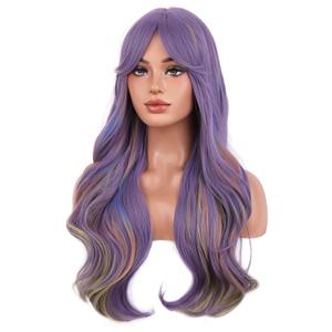BERON Rainbow Long Curly Wave Wig with Bangs for Women Girls Purple Mixed Colorful Heat Resistant Synthetic Wigs Cosplay Costume Party or Daily Use