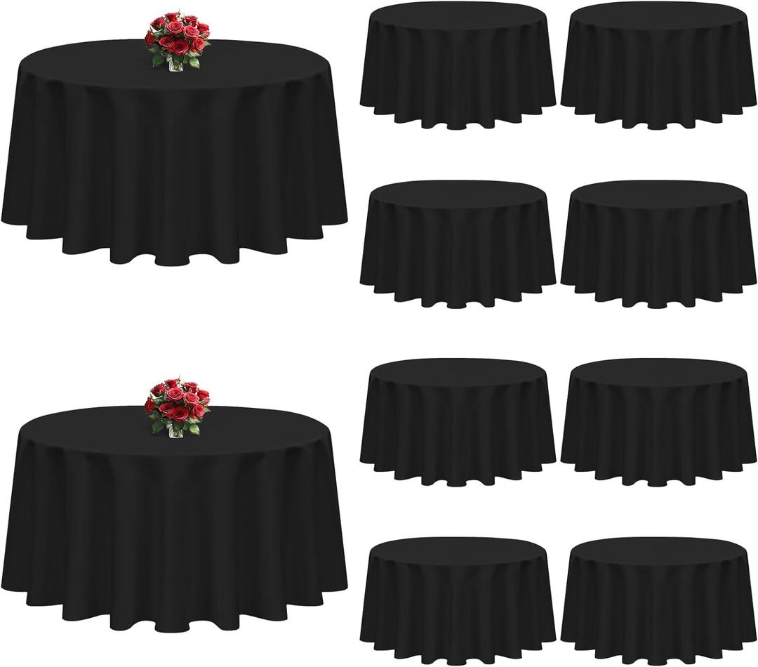 10 Pack Black Table Cloth Round 120 inch Black Tablecloths for Round Tables Wrinkle Resistant Polyester Table Cloth Fabric Table Cover for Party Wedding Events and Camping