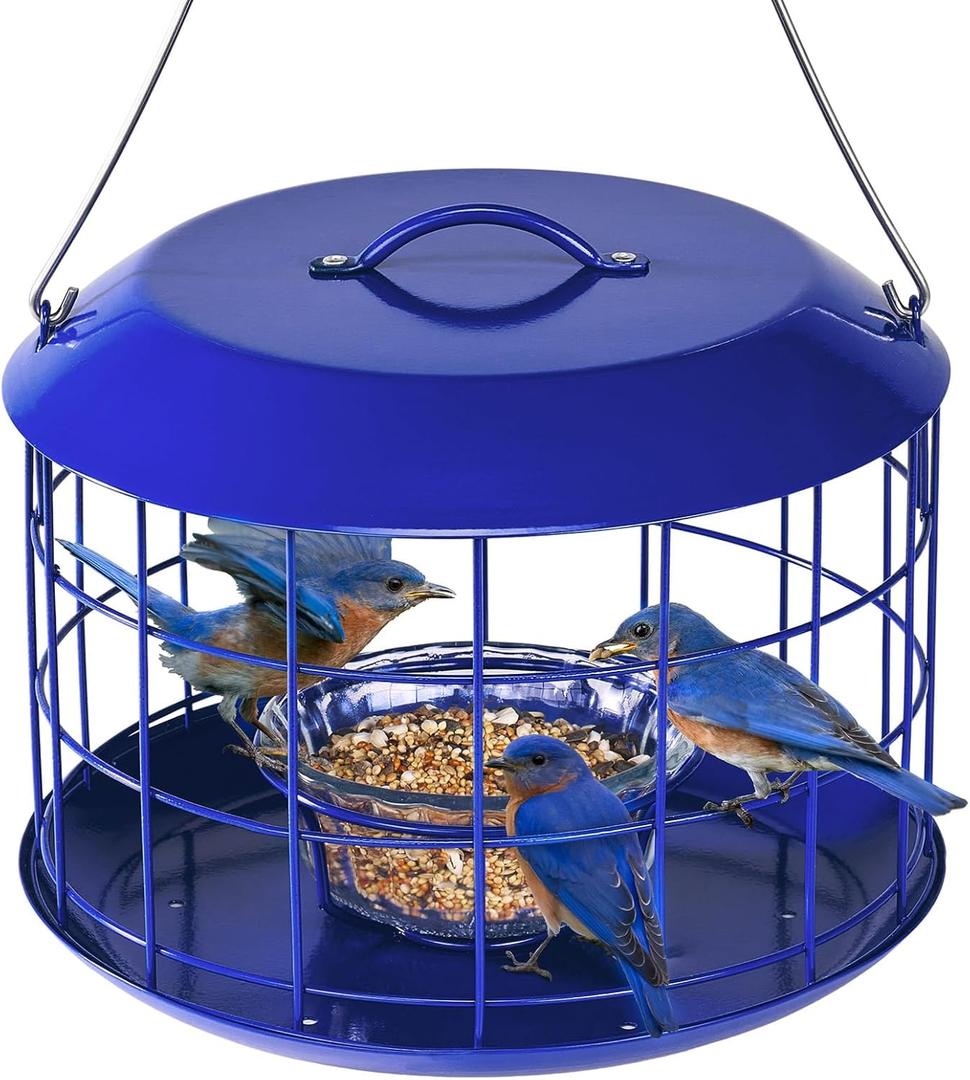 Kingsyard Bluebird Feeders for Outdoors Hanging, All Metal, Cage Mealworm Bird Feeder with Tray, Squirrel Proof & Weatherproof, Easy to Refill & Clean (Blue)