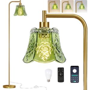Gold Floor Lamp for Living Room,Bedroom,Mid Century Modern Standing Lamp with Remote,Dimmable Brass Tall Lamp Gtained Glass Mini Floor Light Vintage Retro Arc Boho Bohemian