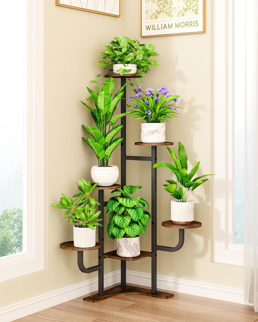 Corner Plant Stand Indoor - 6 Tiered Indoor Plant Stand Round Metal Plant Shelf, Plant Organizer for Living Room, Graden, Balcony, Home Decor (Brown)