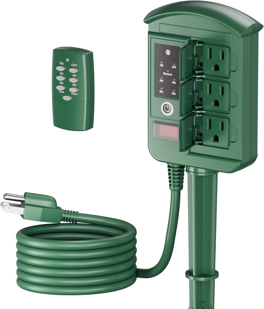 BN-LINK Outdoor Power Stake Timer Waterproof, Power Strip with 6 Grounded Outlets and 6FT Extension Cord, 100FT Wireless Remote Control, Dusk to Dawn Sensor Timer for Lights and Courtyard Decoration
