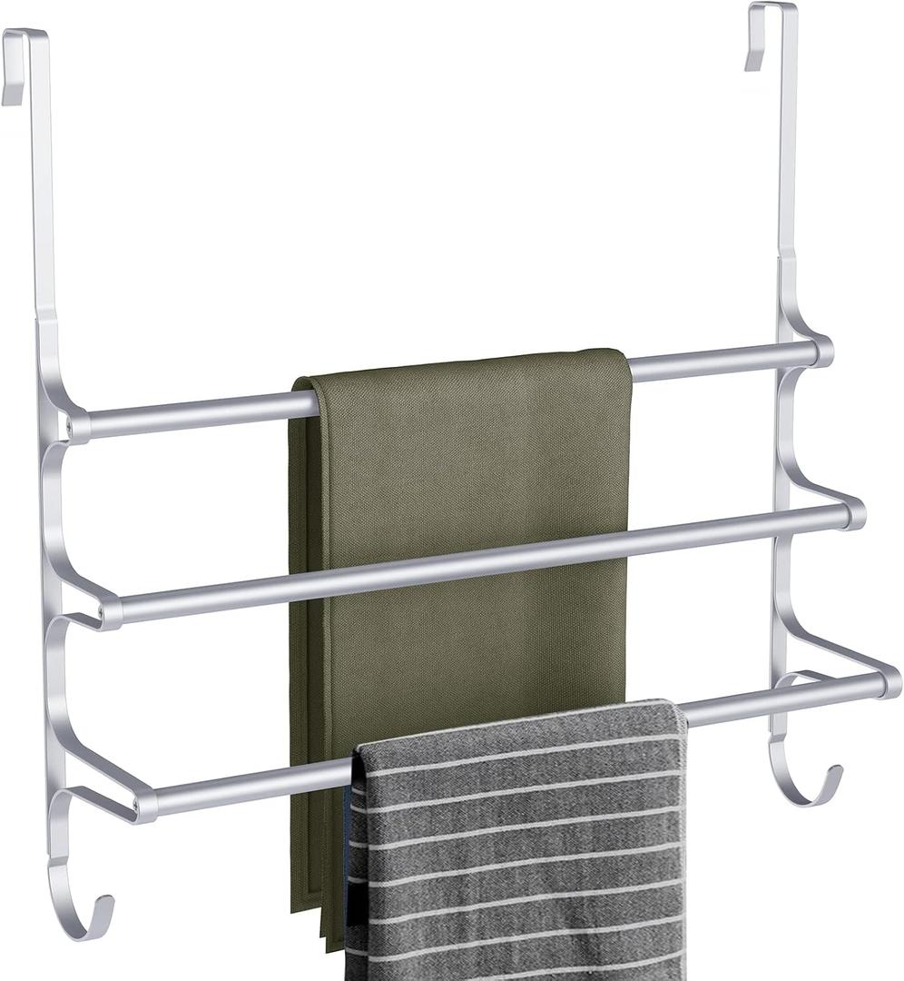 CANYAVE Over The Door Towel Rack, Extendable Triple Towel Storage Holder with Hooks, 24.02 Inches Towel Bar Hanger Towel Racks for Bathroom (Silver)