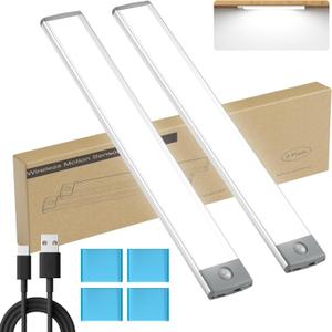 LEPOTEC 2 Pack Under Cabinet Lighting,54 LED Motion Sensor Light Indoor,2500mah Rechargeable Under Counter Lights Wireless,Magnetic Battery Operated Closet Night Lights for Kitchen,Bedroom,Stairway (Silver-White)