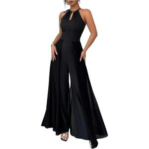 OYOANGLE Women's Wide Leg Halter Jumpsuit Mesh Keyhole Front Overalls Elegant Dressy One Piece Outfits (Black), S