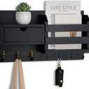 Lwenki Wall Mount Key Holder with Mail Organizer, 100% Paulownia Wood, 7 Metal Hooks, Storage Drawer, Entryway Home Decor (Black)