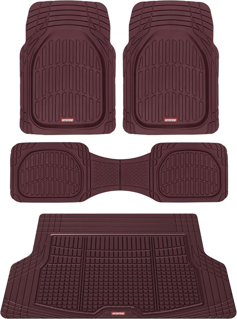 Motor Trend FlexTough Contour Liners Deep Dish 3pc Rubber Floor Mats & Trimmable Trunk Liner Cargo Mat - Heavy Duty All Weather Protection Car Mats with Traction Grips Car Accessories (Burgundy)