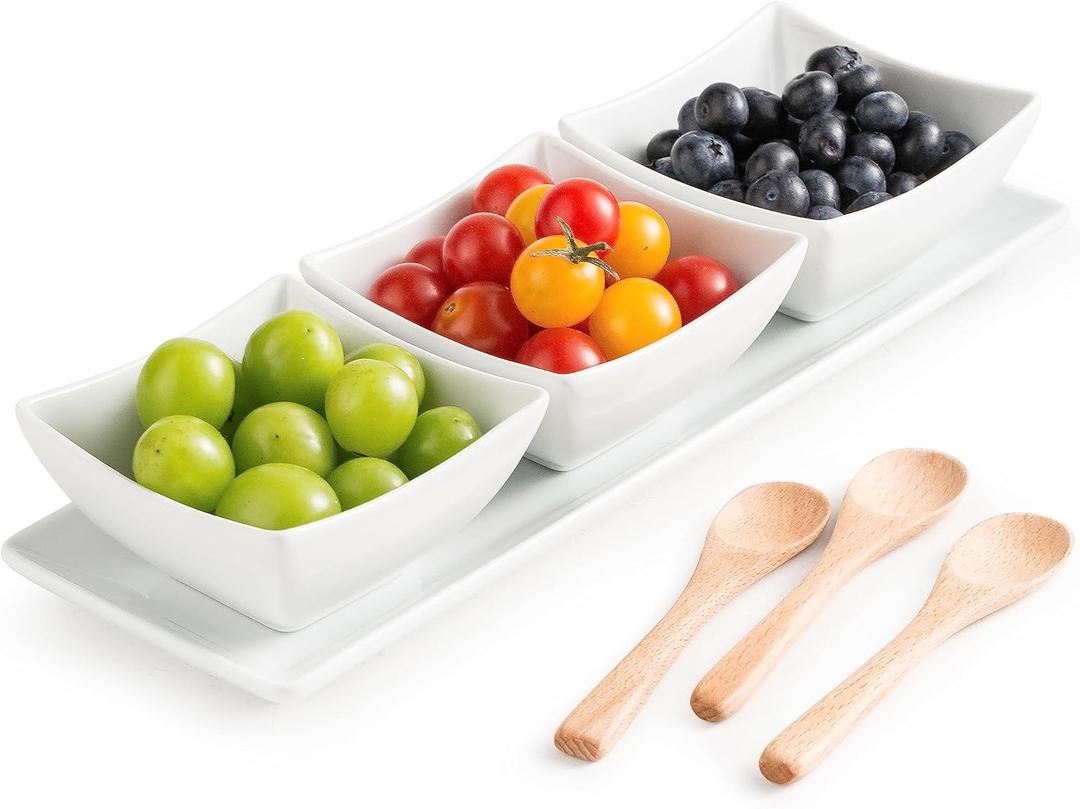 Ceramic Chip and Dip Bowl with Serving Tray and Spoons, 3 Square Sauce Cups Dip Bowls for Parties, 3.62" x 1.89" Serving Dishes for Entertaining Condiment Tray for Small Snacks, Appetizers and Sauces