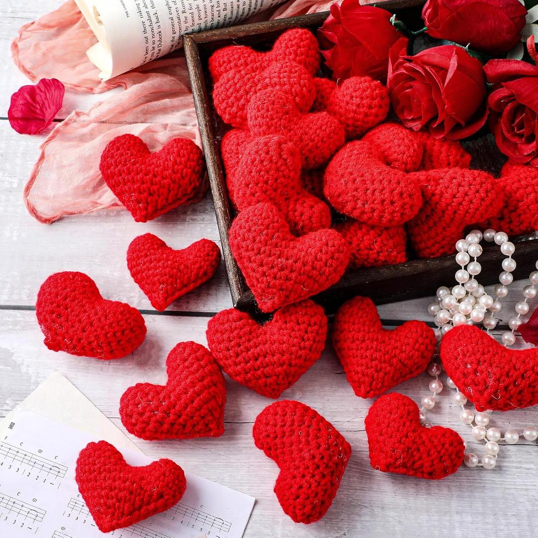 Briwooody 24 Pcs Valentine's Day Ornaments Knitted Crochet Heart Ornaments Handmade Tree Decoration Heart Bauble Fillers Valentine Gift Ideal for Christmas Tree Party Home Decor(Red)