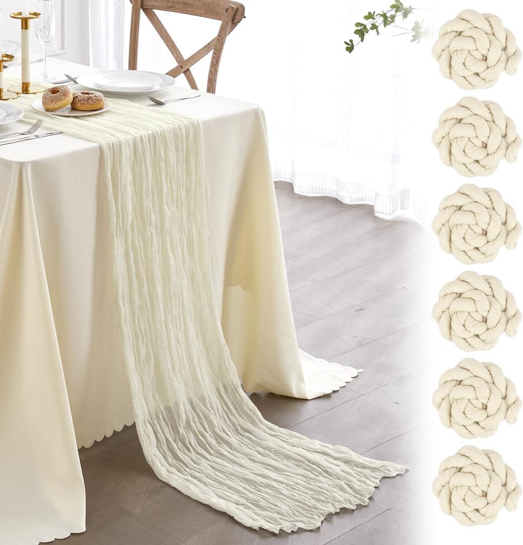 Nialnant 6 Pack Beige Boho Table Runners,10Ft Rustic Cheesecloth Table Runner for Special Banquets Party,Wedding Bridal Shower Birthday Decorations,Indoor & Outdoor