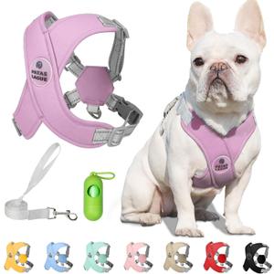 Patas Lague Dog Harness with Leash Set Adjustable Soft Padded Step-in Dog Vest No Choke No Pull Reflective for  Medium Pets with Poop Bags and Dispenser, Solid and No-chew, Purple M (Neck 19.3-23.3'' Chest 22.5-25.6'')
