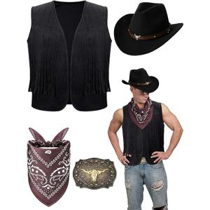 Toulite 4 Pcs Western Outfits for Men Cowboy Tassel Vest Hat Belt Buckle Paisley Bandana for Halloween Cosplay L