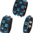 Dreuyet 3 Piece Checkered Leather Bracelet Set Black White PU Wristband Adjustable Gothic Punk Style Halloween Accessories for Men Women