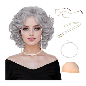 Guree Hair Old Lady Wigs for Women, Grey Wigs for Granny Grandma Costume-Gray Wig, Wig Cap, Madea Granny Glasses, Eyeglass Retainer Chain, Pearl Necklace (5pcs Set)