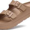Goosecret Women's Platform Sandals with Arch Support, Chunky Lightweight Foam Slip on Slides, Comfortable Summer Beach Sandals with Adjustable Buckle (10, Brown)