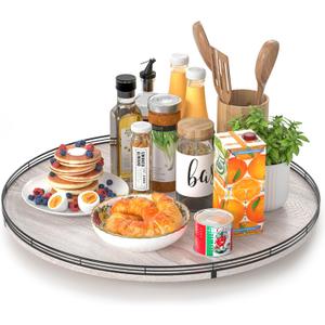 24" Lazy Susan Wood Turntable Organizer for Kitchen Decor, Farmhouse Round Wooden Larger Lazy Susan Organization and Storage for Cabinet, Dining Table, Bathroom, Countertop, Centerpiece,Whitewashed