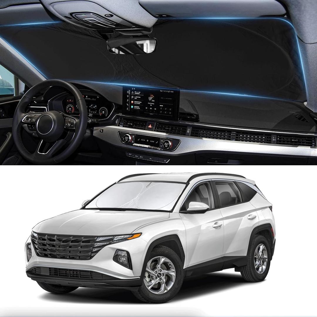 Custom Fit Tucson Windshield Sunshade for Hyundai Tucson 2022-2026 Front Window Retractable Shades Cover for Windshield Sun Visor Protector 210T Reflector Blocks UV Rays Cooler Car Accessories