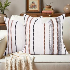 Boho Throw Pillow Covers 18x18 Set of 2, Soft Chenille Striped Decorative Cushion Covers for Couch Sofa Bedroom Living Room, Neutral Brown Black White