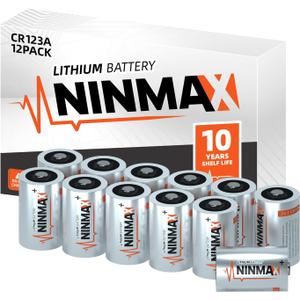 NINMAX CR123A 3V Lithium Battery 12 Pack, No.1 1700mAh 3 Volt High Power 123A Lithium Batteries for High-Intensity Flashlights, Home Safety and Security, and More