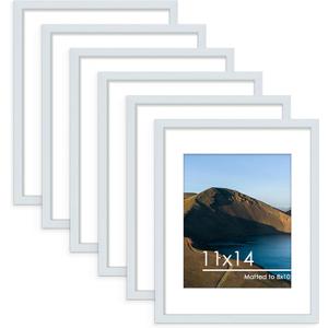 PEALSN 11x14 Picture Frame Set of 6, Display Pictures 8x10 with Mat or 11x14 without Mat for Wall Mounting or Table Top Display, Photo Frames Collage for Wall Decor, Blue
