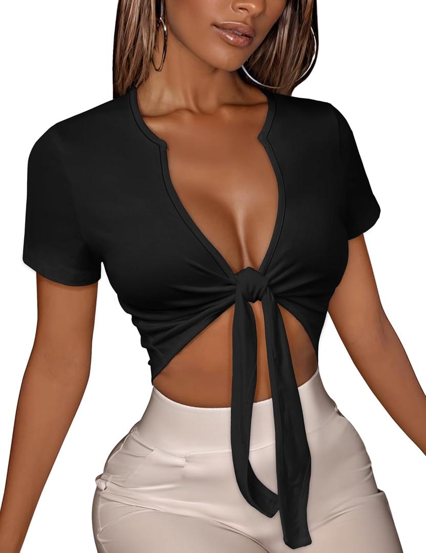 Women's Tie Front Crop Top V Neck Short Sleeve T Shirt Summer Casual Basic Slim Fit Tees (Black, S)