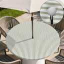 Round Outdoor Tablecloth with Zipper and Umbrella Hole, Fitted Table Cloth with Elastic, Oil Waterproof Tablecover for Patio Picnic Camping Garden Fits 61"-65" Round Table, Green Stripes