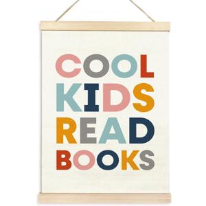 TAEDIN Cool Kids Read Books Poster Hanger Frame, Baby Boys Girls Wooden Canvas Artwork Print Hanging Sign Inspirational Book Lovers for Nursery Reading Corner Homeschool Classroom Home Decor 12X16 (colorful)