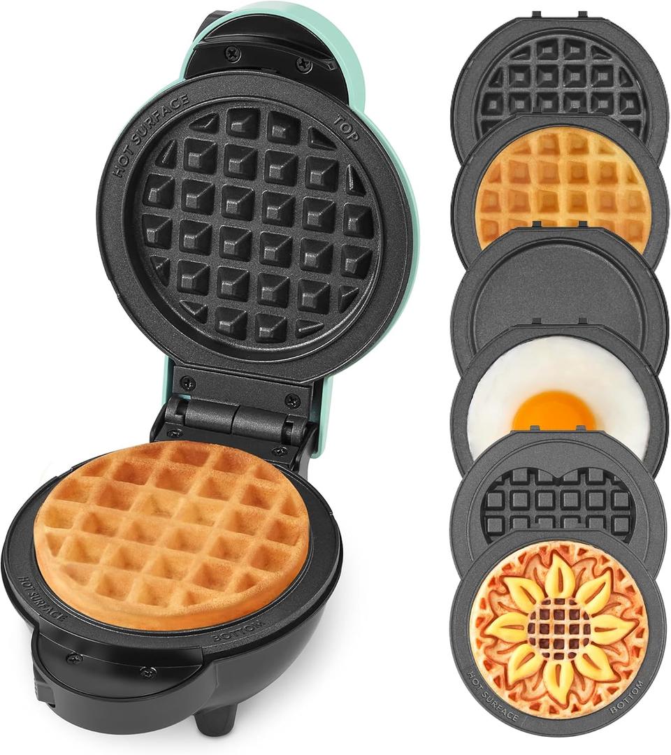 Dash MultiMaker Mini Maker System - Compact Waffle Maker for Family Breakfasts - Removable Griddle Plates & nonstick surface - 6 Plates & Storage Case - Aqua