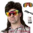 Men's 80s Mullet Wig Set, Retro Rocker Costume for Halloween, 80s Themed Party Cosplay (Black)