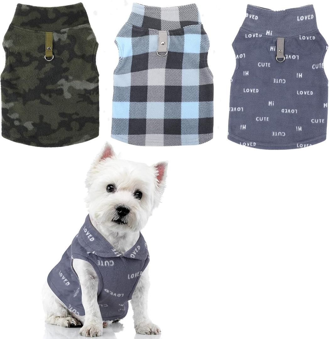 3 Pieces Winter Fabric Dog Sweater with Leash Ring Soft Fleece Vest Dog Clothes Plaid Camouflage Warm Puppy Jacket Pullover Clothes for Small Cat Puppy Chihuahua(XS)