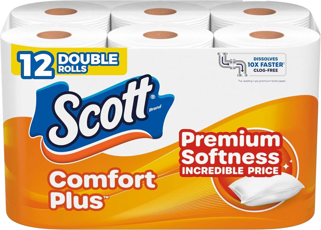 Scott ComfortPlus Toilet Paper, 12 Double Rolls, 231 Sheets per Roll, Septic-Safe, 1-Ply Toilet Tissue (231 Sheets (Pack of 12))