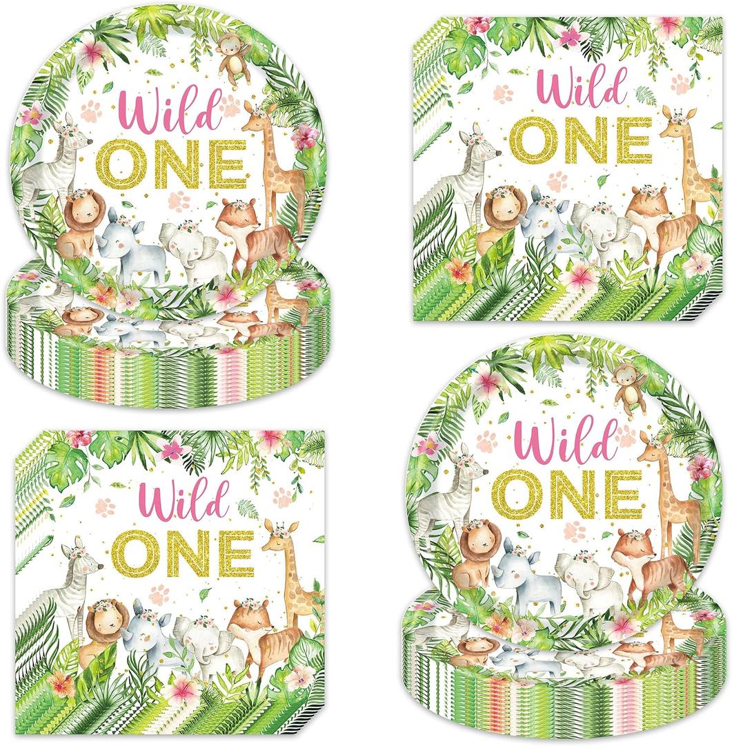 Wild One Birthday Party Supplies for 40 Guests - 80 Pcs Jungle Safari Theme Disposable Plates & Napkins Set, 7" Floral Animal Plates and Napkins for Girl’s 1st Birthday,Baby Shower,Jungle Theme Party