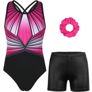MODAFANS Gymnastics Leotards for Girls Sparkly Ballet Dance Unitards Biketards Tumbling Shorts Cross Back Activewear (12-13 Years, Magenta-Black Diamond Set)