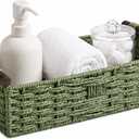 Back of Toilet Basket with Wood Handles, Green Wicker Toilet Paper Basket for Toilet Tank Top, Narrow Toilet Tank Basket, Bathroom Basket Organizer for Wipes & Essentials