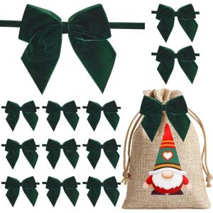 12 PCs Green Velvet Ribbon Bow Decor 5 Inch Pre Tied Bows, Dark Green Bow for Christmas Tree, Party Favor, Premade Vintage Velvet Bows for Wreaths, Baskets, Flower Bouquets, Treat Bag
