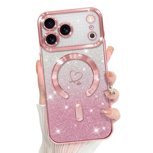 Bonoma Compatible with iPhone 17 Pro Case 2025 Support for MagSafe, Plating Heart Glitter Magnetic Case TPU Camera Protection Back Cover for Phone Case -Pink